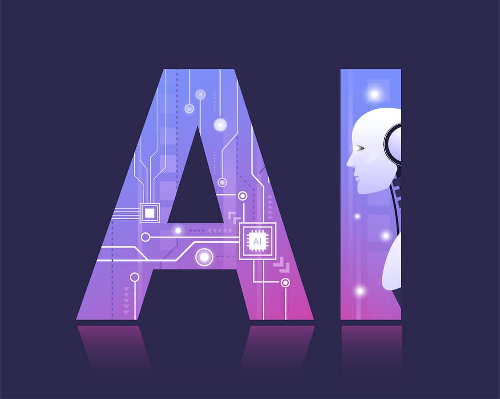 Image of a robot head and electronic circuit with AI chip