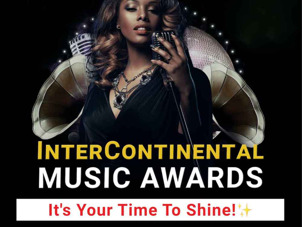 Promotional banner of Intercontinental Music Awards featuring a black woman holding a microphone, posing for the awards for the blog post