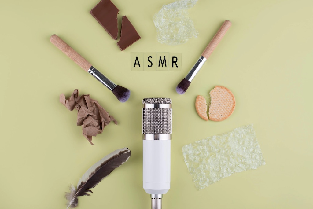top view asmr microphone with objects sound