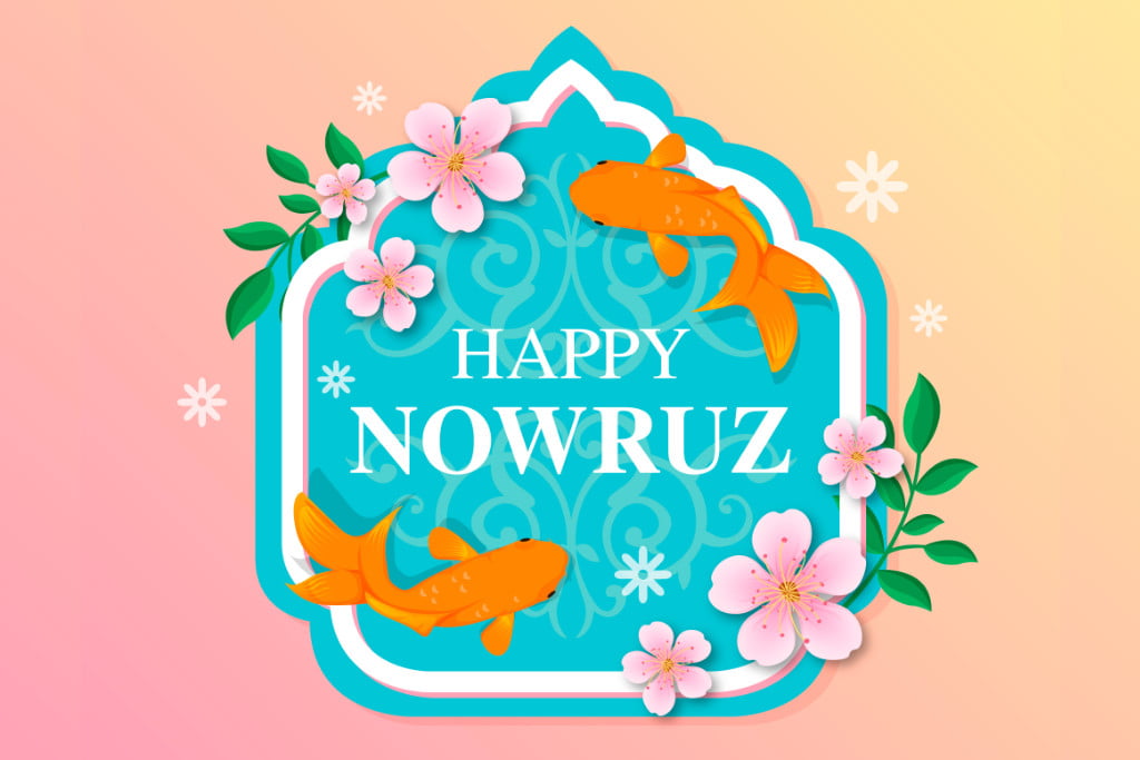 Happy Nowruz celebration message with red fishes and blooming flowers
