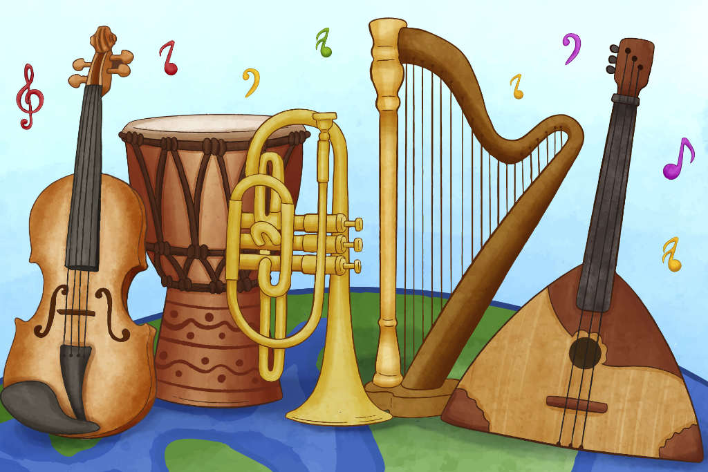 A vector illustration of diverse musical instruments, including a harp, trumpet, djembe, violin, and oud. These instruments represent the cultural diversity that music can bring together and celebrate.