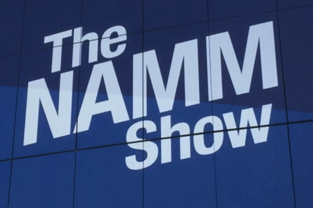 Picture of the NAMM Show sign on the Anaheim convention center building's wall