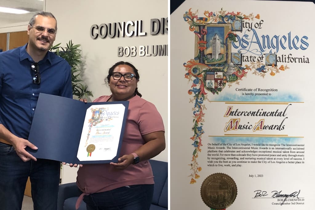 Jenny Portillo, District Director, presenting the Certificate of Recognition to Shahed Mohseni Zonoozi, founder and director of InterContinental Music Awards, at Councilmember Bob Blumenfield's office besides with Close-up of the prestigious Certificate