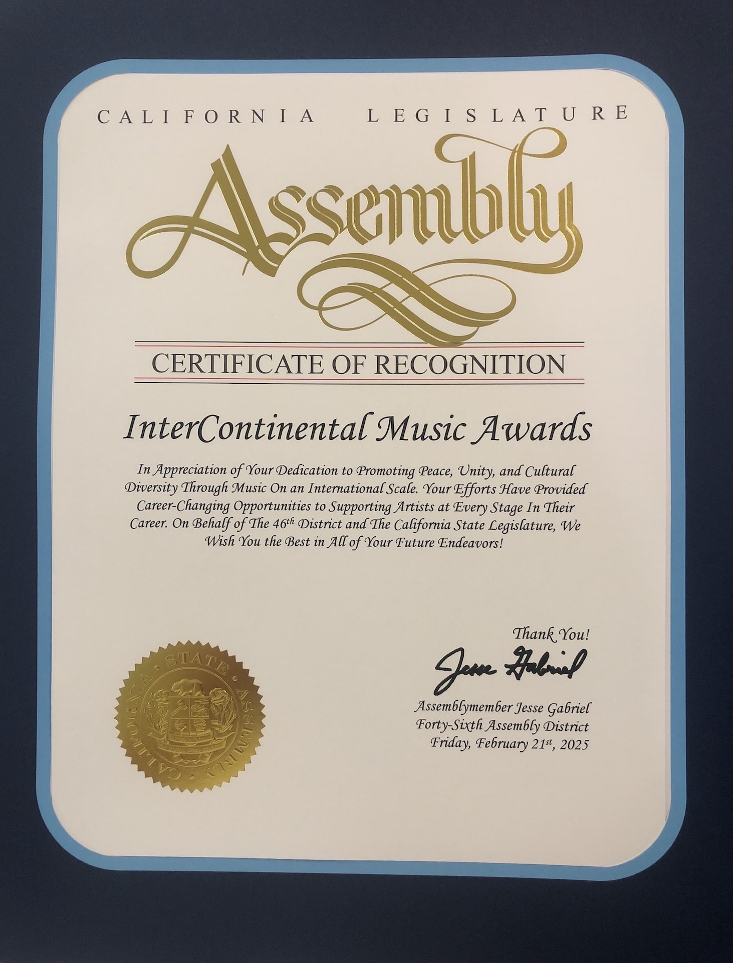Close-up of the prestigious CertificateCertificate of Recognition from the California State Assembly