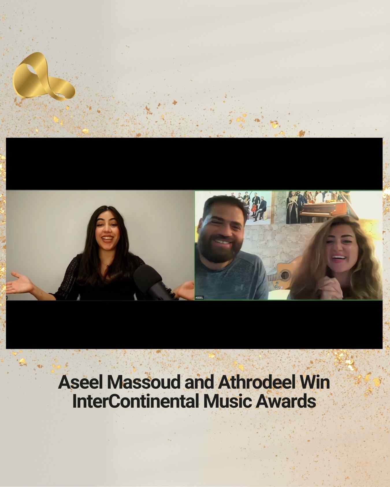 Aseel Massoud and Athrodeel smiling as they receive their award during the InterContinental Music Awards online ceremony