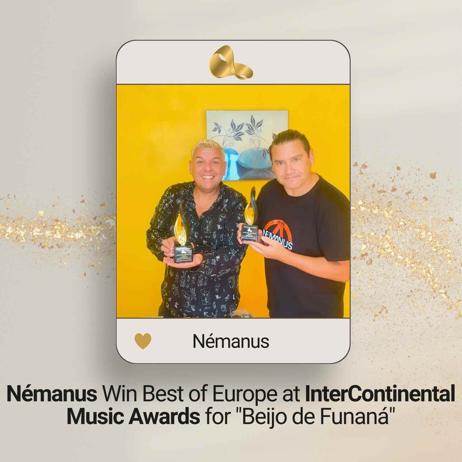 Portuguese duo Némanus holding the Best of Europe trophy at the InterContinental Music Awards after winning for Beijo de Funaná