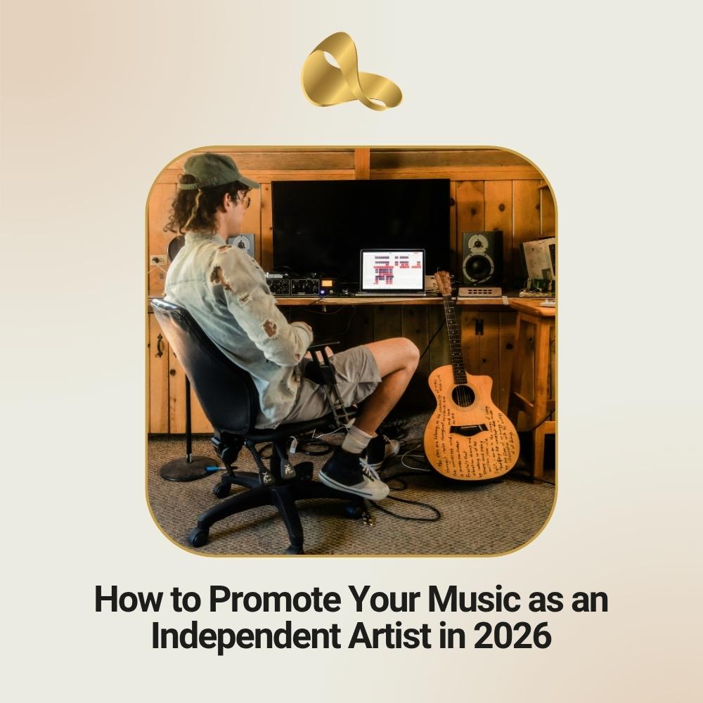 Independent artist working in a home studio with guitar and laptop, representing music promotion and creation in 2026