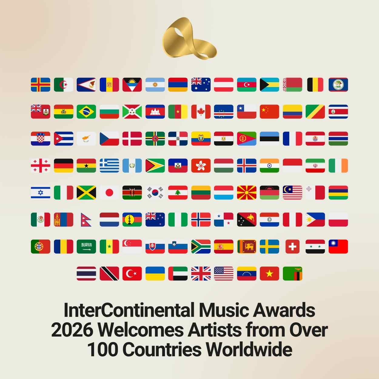Featured graphic showing InterContinental Music Awards 2026 welcoming artists from over 100 countries with a grid of international flags and event title text