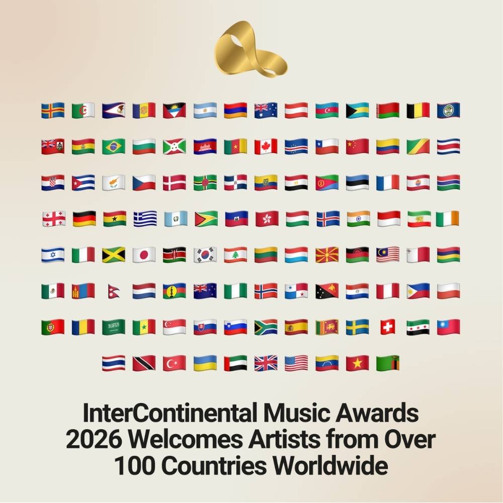 Graphic featuring dozens of international flags and InterContinental Music Awards branding celebrating participation from artists representing more than 100 countries worldwide in 2026.